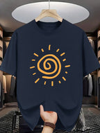 Sunny Energetic Orange Spiral Pattern Short Sleeve T-Shirt, Fresh And Fashionable, Suitable for Outdoor Activities And Daily Wear - Navy Color
