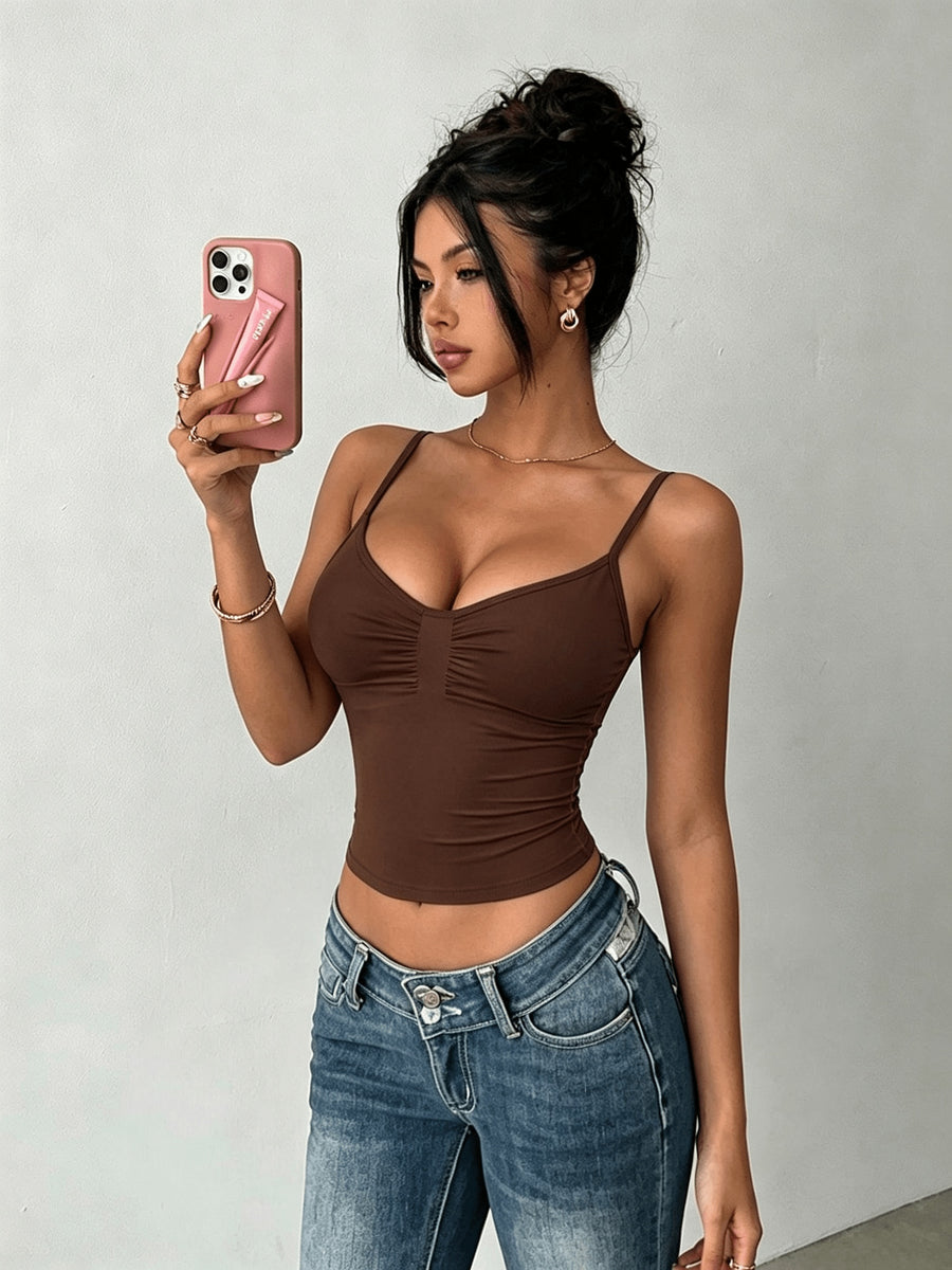 Women's Solid Color Pleated Slim Fit Casual Camisole Tank Top - Coffee Brown