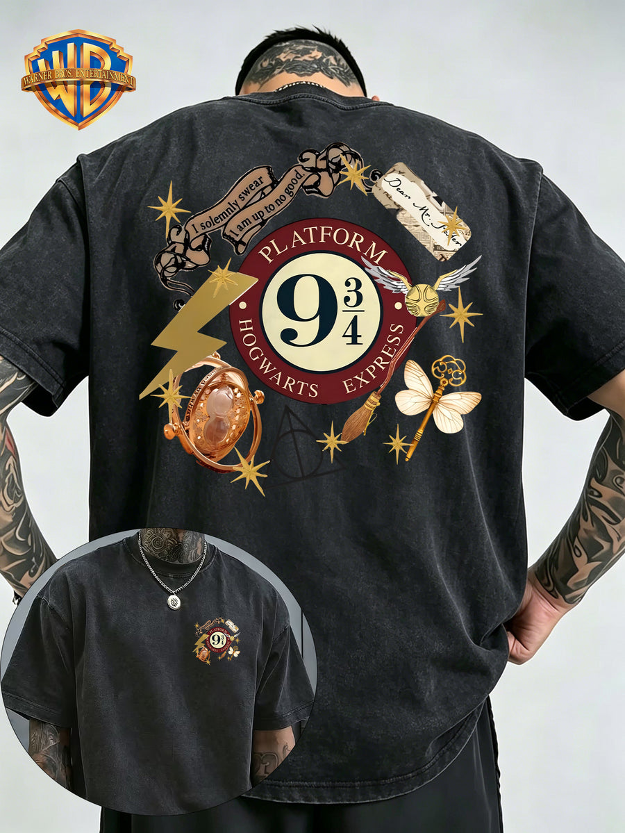 Warner Bros Official Vintage Magic Props Collection Print Washed Distressed T-Shirt, Men's 100% Pure Fabric, Casual and Comfortable Style, Loose Fit Breathable Short Sleeve Men's Casual Top, Distressed Washed Loose Fit - Black