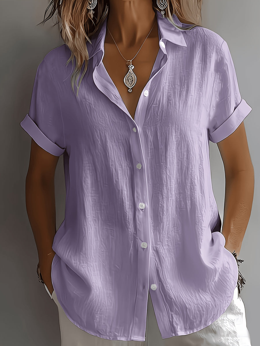Women's Elegant Vacation-style Short-sleeve Top, Loose and Relaxed Shirt, Commuting Casual Literary Style, Figure-flattering, Daily Temperament Style, Loose and Draping, Breathable and Comfortable - Light Purple