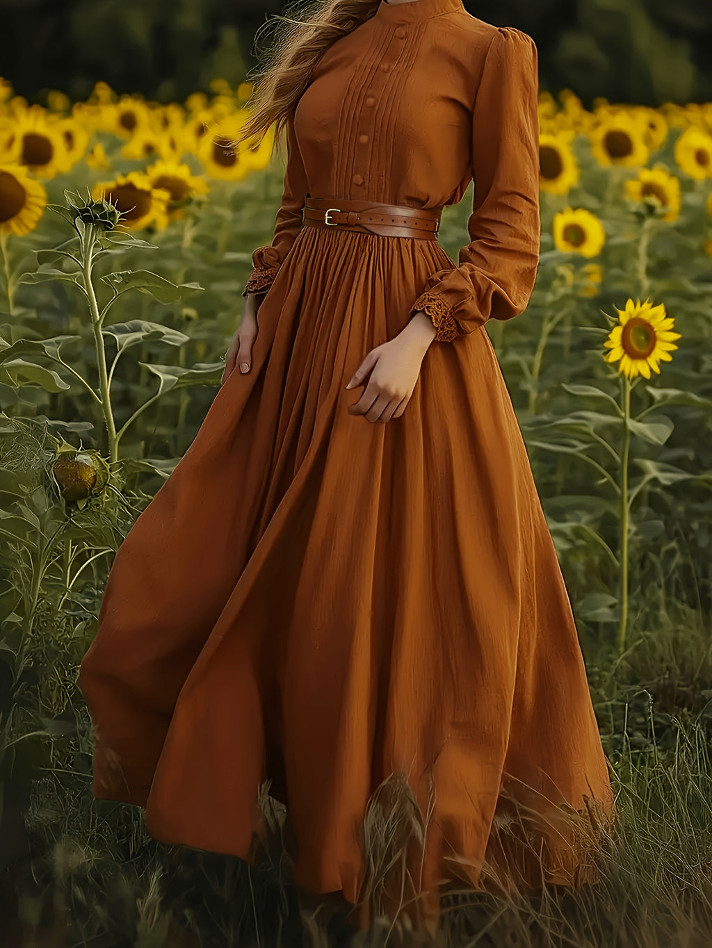 Autumn New Arrival Solid Color Elegant Small Round Neck Long Sleeve Button-Wrap Pleated Skirt with Belt Vintage Women's Long Dress - LN1782 - Orange-Red