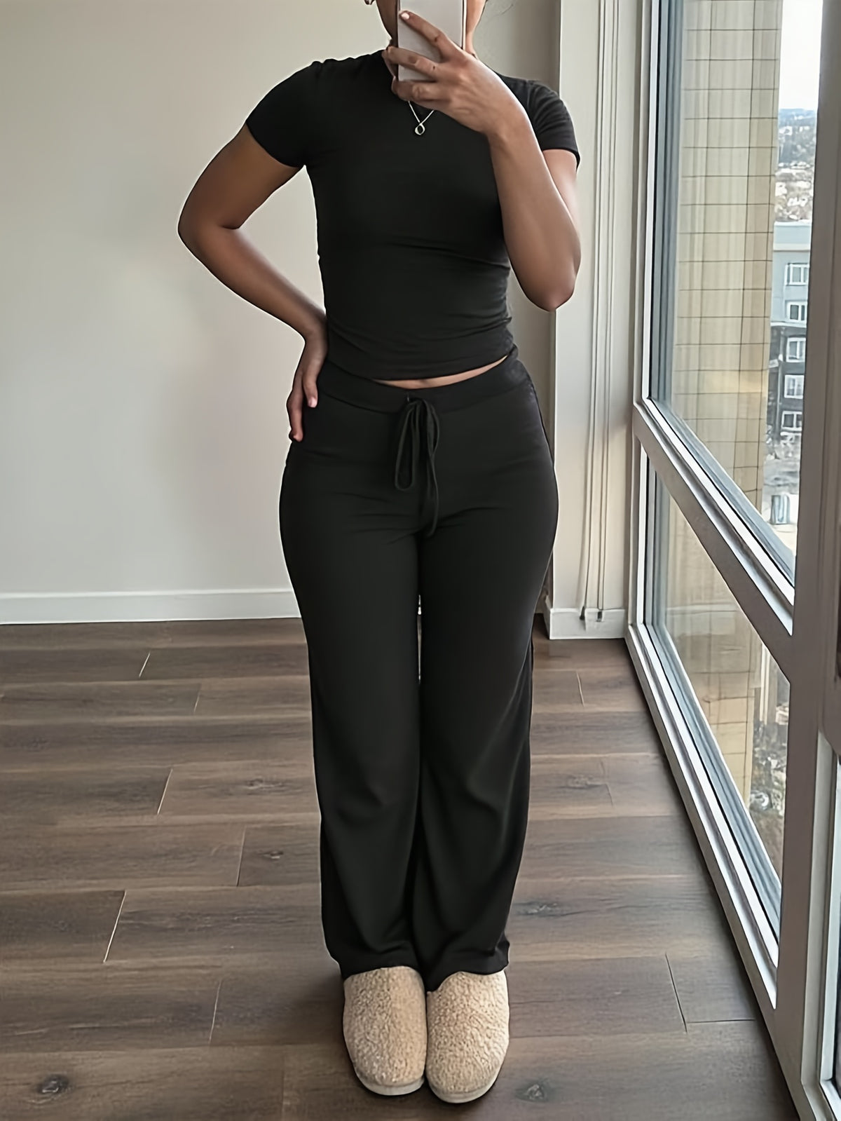 Women'S 2pcs Short Sleeve Top And Wide-Leg Pants Set, Fake Drawstring Waistband, Casual All-Season Outfit, Comfortable Home Wear, Daily Attire, Casual Style, Short Sleeve Top, Women'S Set, Women'S Clothing, Fashion Top, Autumn Women'S Wear - Black