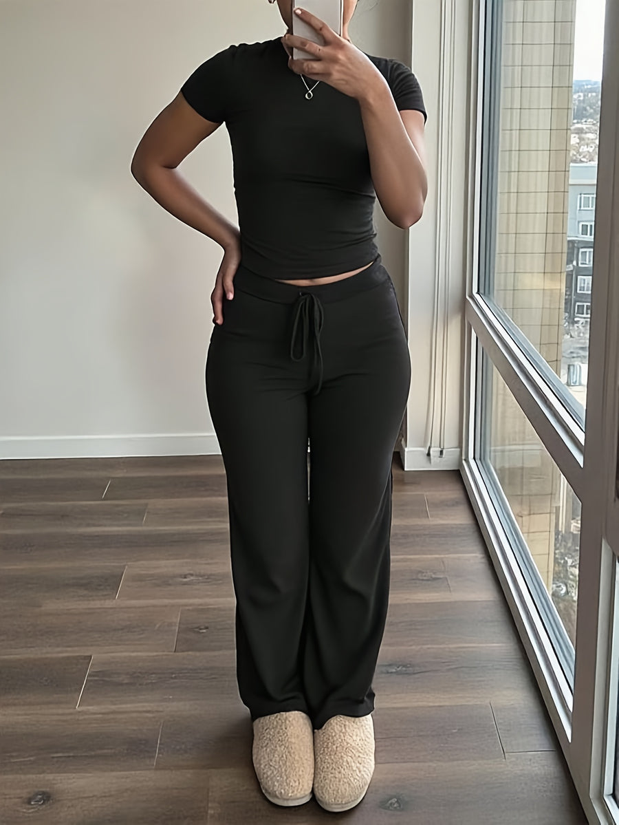 Women'S 2pcs Short Sleeve Top And Wide-Leg Pants Set, Fake Drawstring Waistband, Casual All-Season Outfit, Comfortable Home Wear, Daily Attire, Casual Style, Short Sleeve Top, Women'S Set, Women'S Clothing, Fashion Top, Autumn Women'S Wear - Black