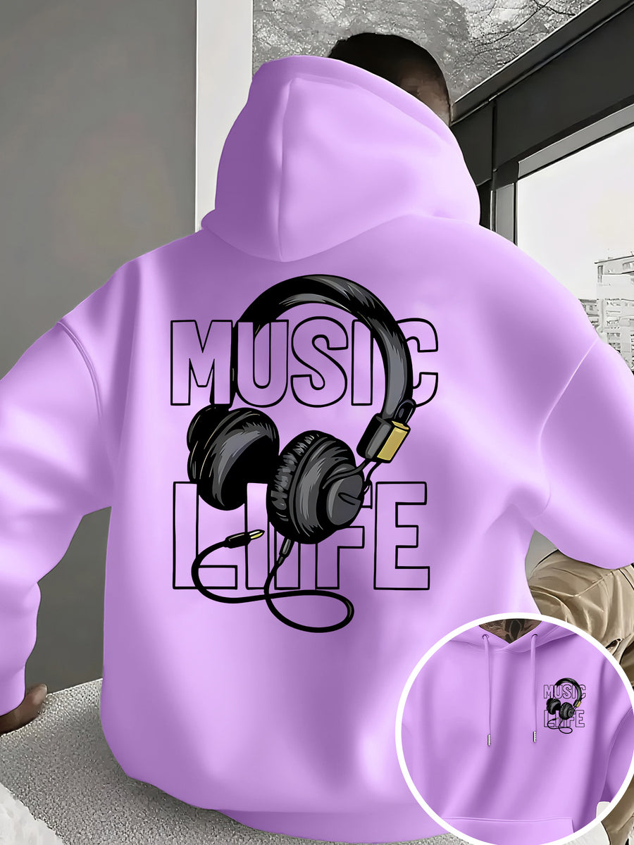 Men's New Trendy Hoodie, Casual Daily Drawstring Hooded Sweatshirt with MUSIC Print, Headphones, Front Kangaroo Pocket, Men's Top - Light Purple