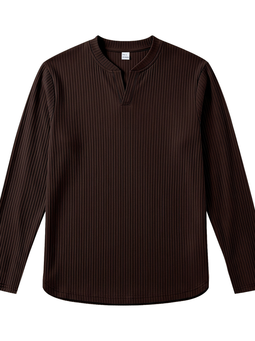 Men's Vertical Pin-Stripe V-Neck Henley Long-Sleeve T-Shirt, Slim Fit Stretch Textured Top, Spring/Autumn Casual Base Layer Men's Apparel - Dark Brown