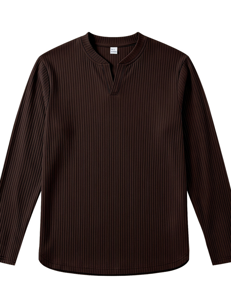 Men's Vertical Pin-Stripe V-Neck Henley Long-Sleeve T-Shirt, Slim Fit Stretch Textured Top, Spring/Autumn Casual Base Layer Men's Apparel - Dark Brown