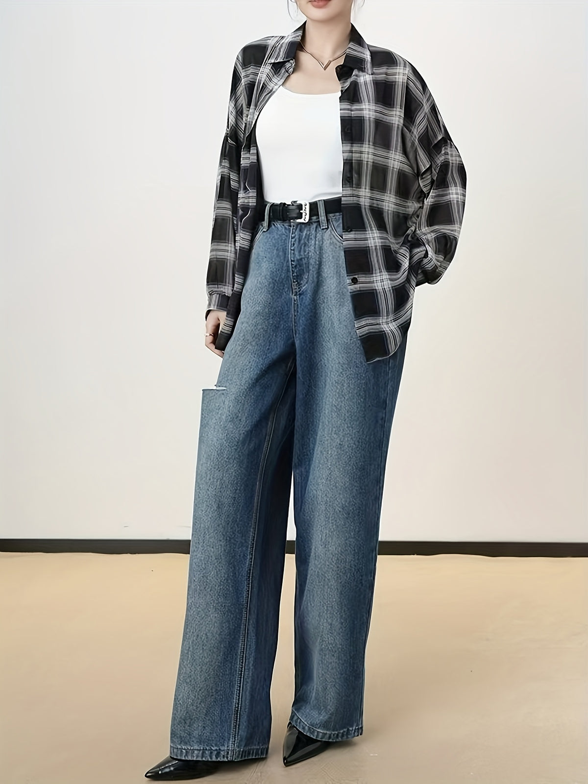 Chiffon Plaid Print Sheer Blouse Top Sunscreen Shirt - Navy Color