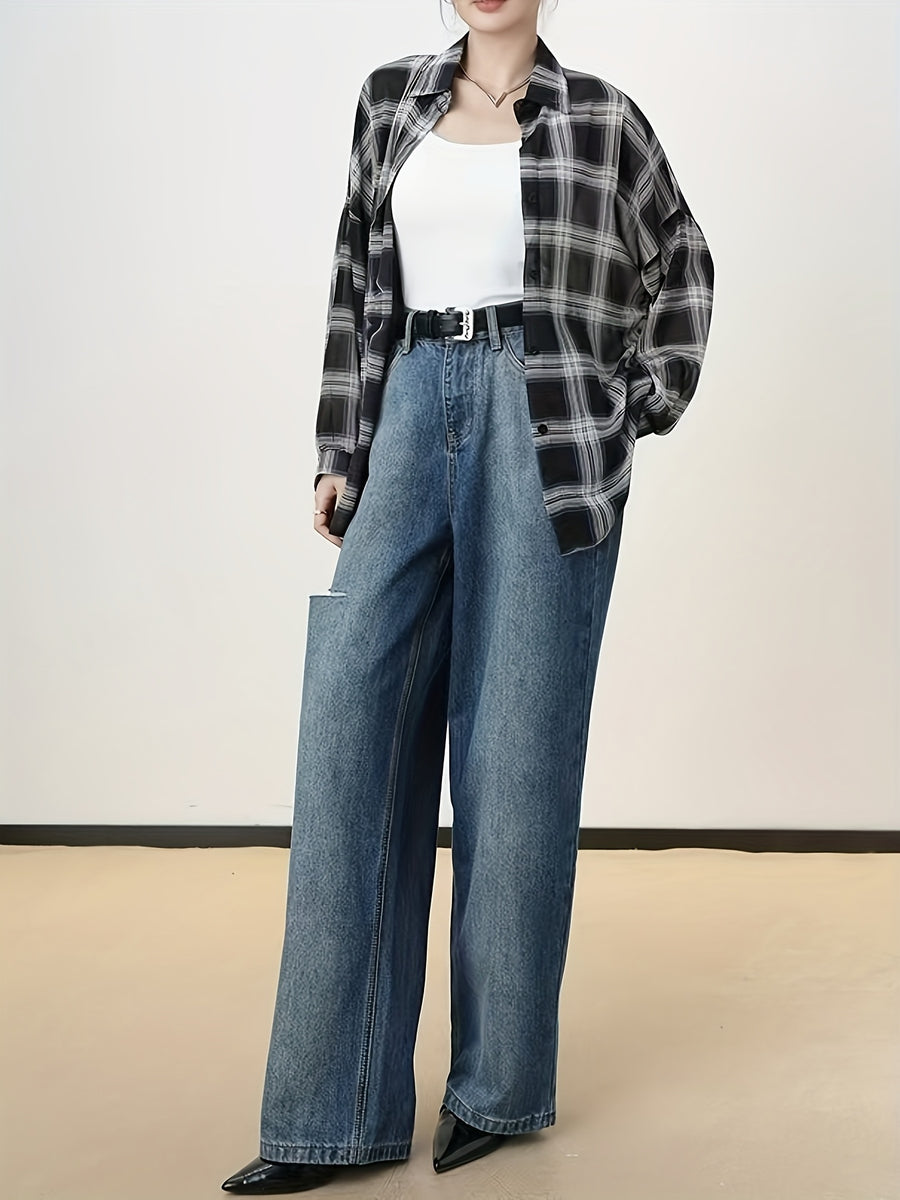 Chiffon Plaid Print Sheer Blouse Top Sunscreen Shirt - Navy Color