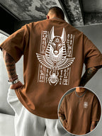 Men's 100% Pure Cotton T-Shirt with Anubis Scarab Egyptian Element Print, Casual, Comfortable, and Breathable for All Seasons - Coffee Brown