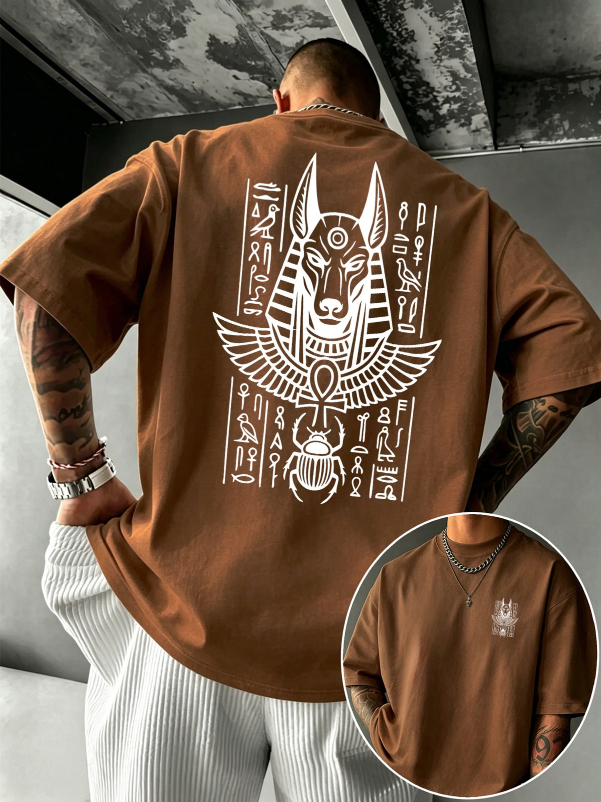 Men's 100% Pure Cotton T-Shirt with Anubis Scarab Egyptian Element Print, Casual, Comfortable, and Breathable for All Seasons - Coffee Brown