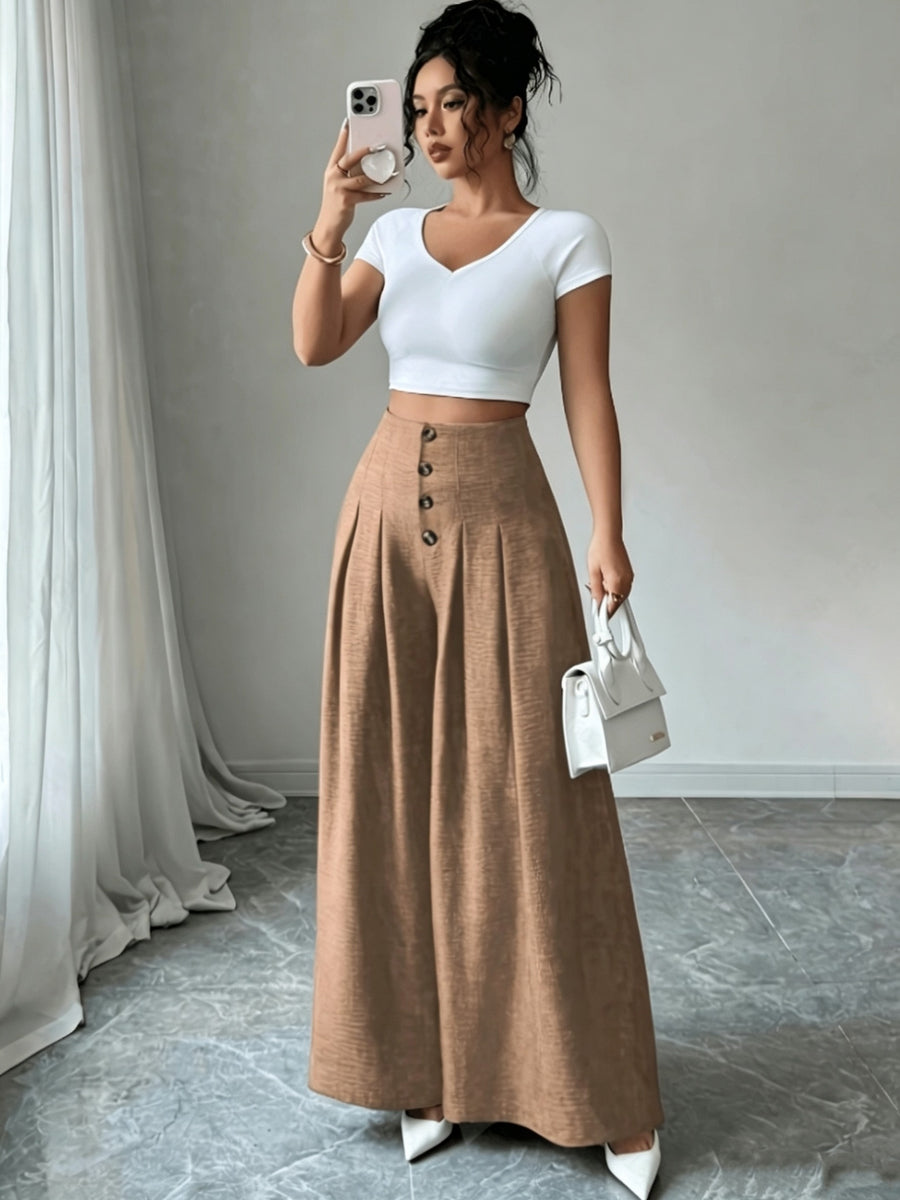 Women's Button-front Loose-fit Casual Wide-leg Pants, Simple and Stylish Solid-color Trousers for Daily Outings, Pairable with Various T-shirts, Jackets, and Trench Coats. Regular Thickness, Suitable for Spring, Summer, and Autumn - Khaki