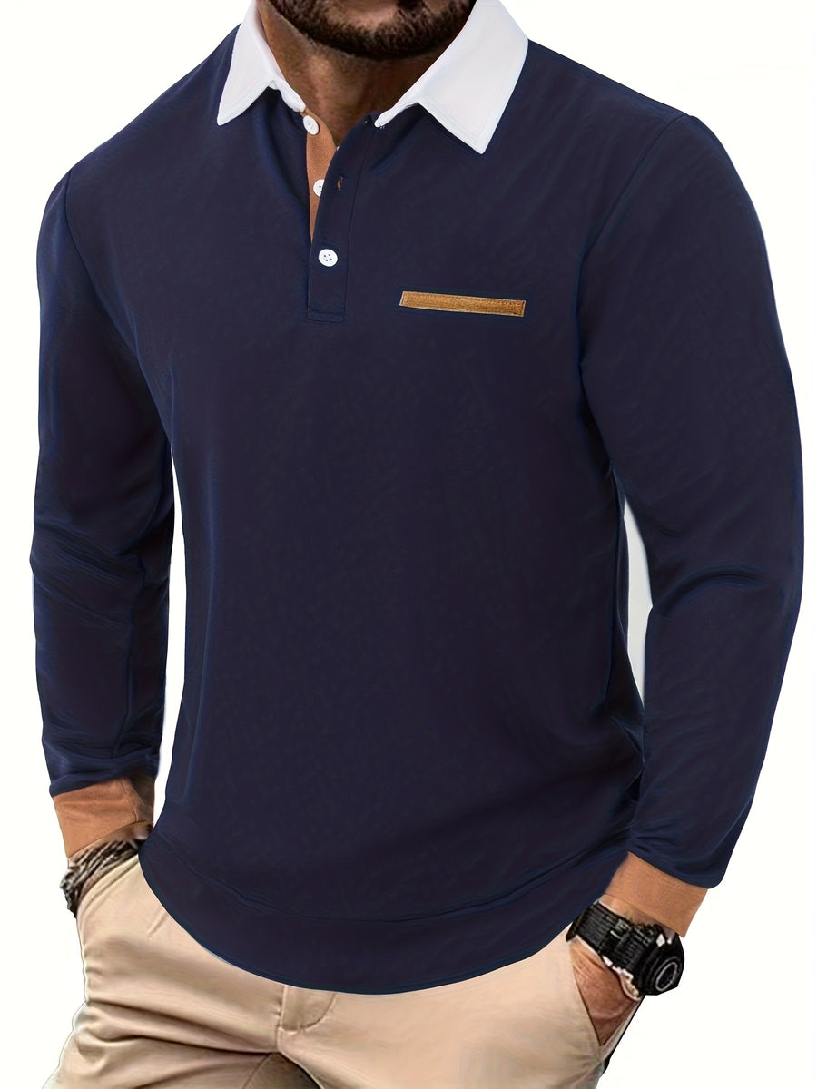 2025 Cross-Border European and American Fashion Men's Shirt Collar Long-Sleeve T-Shirt, Pocket Patchwork; Cuff Patchwork Style; Casual Long-Sleeve Lapel Polo Shirt;, Regular Fit, Autumn, Daily - Navy Color