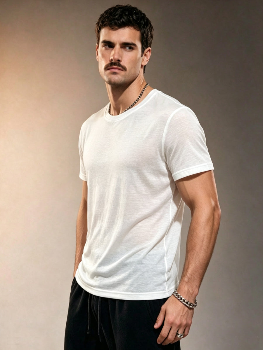 Men's Summer Bamboo Rayon Joint Semi-Sheer Short-Sleeve T-Shirt, Simple Crew Neck Solid Color Breathable Casual Base Layer Top - White