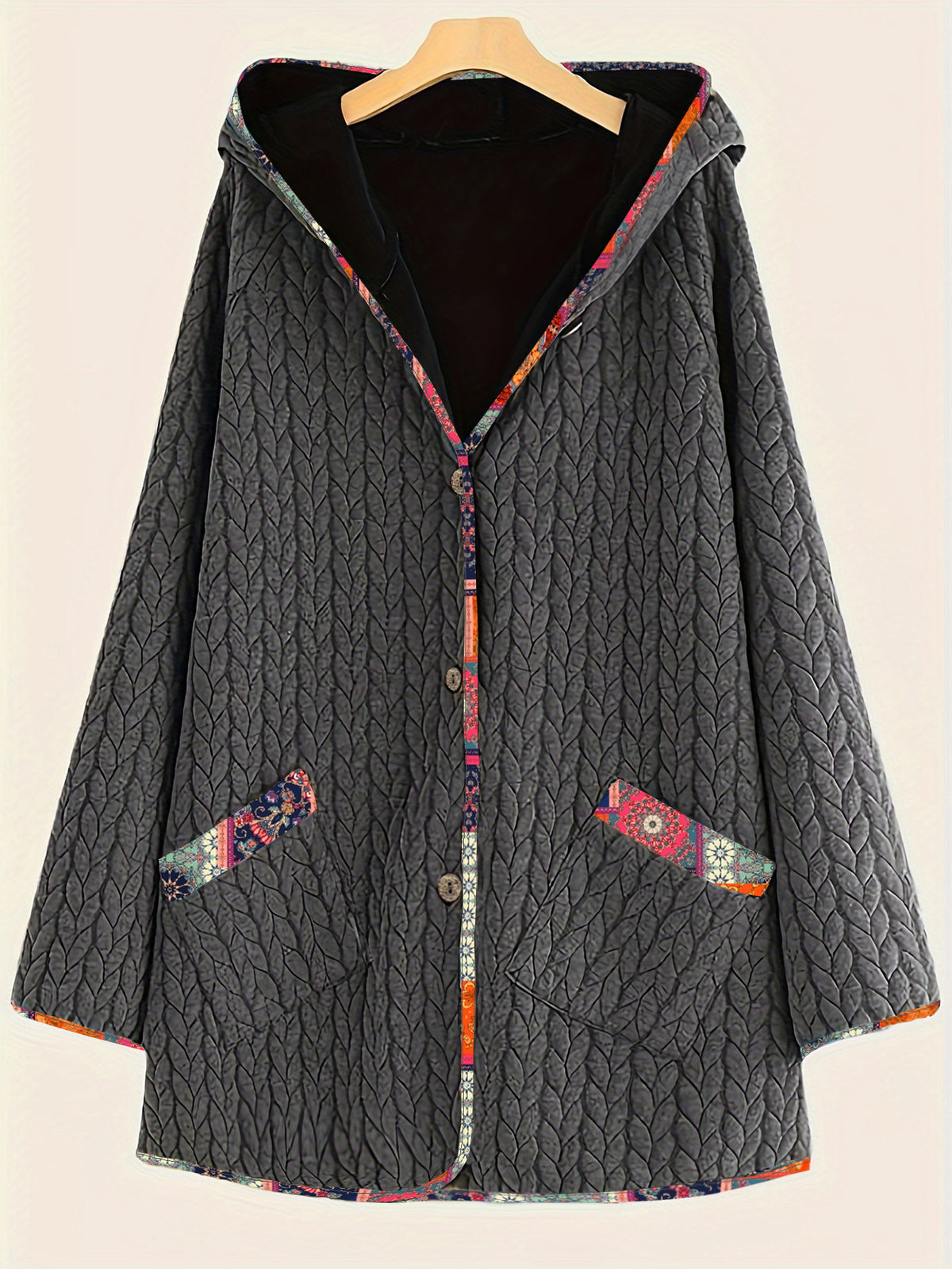 Fashion Hooded Single-Row Button Loose Long Sleeve Mid-Length Open Front Cardigan Jacket Casual Coat Women'S Fashion Hoodie - Deep Grey