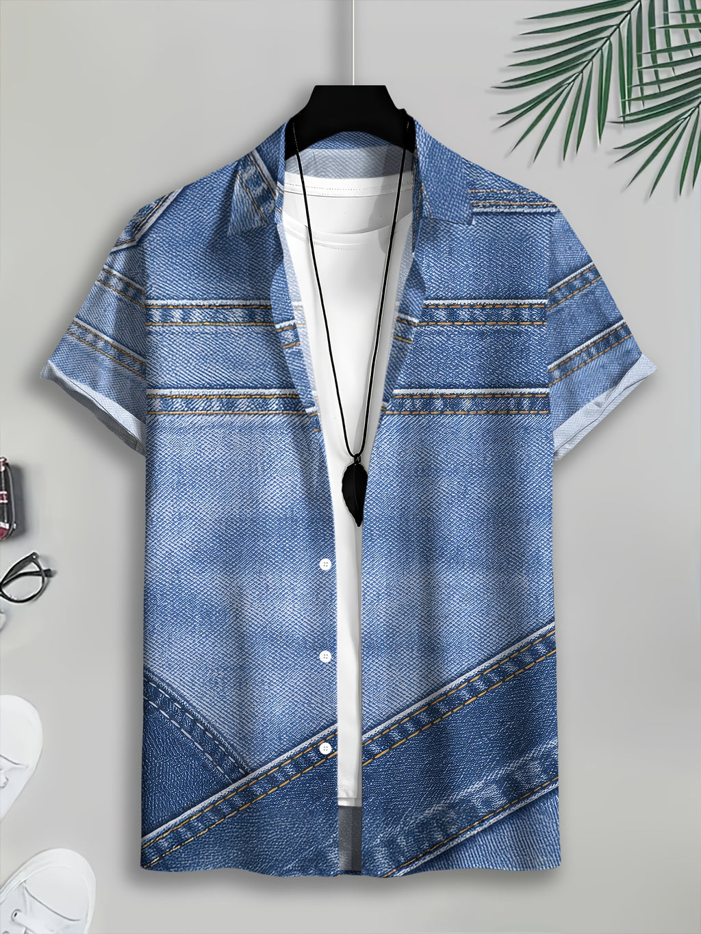Print Design - Non-Textured 2D Printing Faux Denim Style Men'S Casual Shirt, Print Faux Denim Pattern with Summer Stitch Detailing - Mixed colors