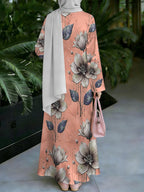 Women's Middle Eastern Style Muslim Elegant Robe, Orange-Pink Large Floral All-Over Print Long Robe, Straight Cut Loose Fit, Suitable for Prayer, Shopping, and Banquets, Draping Fabric Without Embroidery, Tummy-Controlling Middle Eastern Muslim - Mixed colors