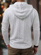 ROYALBOY Textured Jacquard Fabric Contrast Color Pleated Ribbed Sleeves Drawstring Design Fashionable Outdoor Casual Hooded Sportswear Top, Autumn Menswear - White