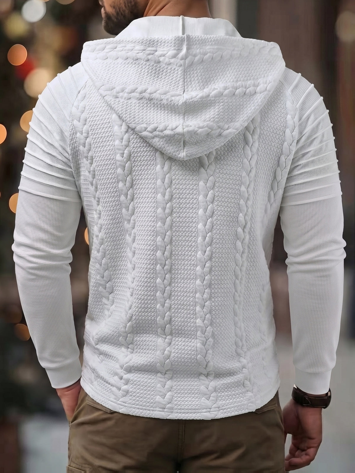 ROYALBOY Textured Jacquard Fabric Contrast Color Pleated Ribbed Sleeves Drawstring Design Fashionable Outdoor Casual Hooded Sportswear Top, Autumn Menswear - White