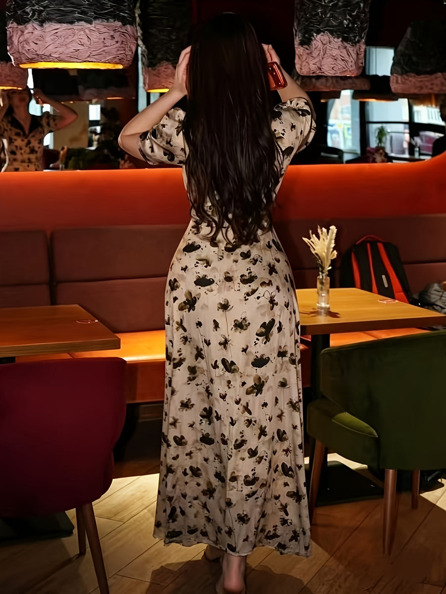 Women's French Vintage Lapel Collar Dress with Waist Cinch - Short Sleeve -Neck -Line Midi Dress, Blouse-Suitable for Daily Commuting, Short Bell Sleeves & Contrast Collar, Spring Summer Office to Casual Wear (Machine Washable) - Coffee Brown