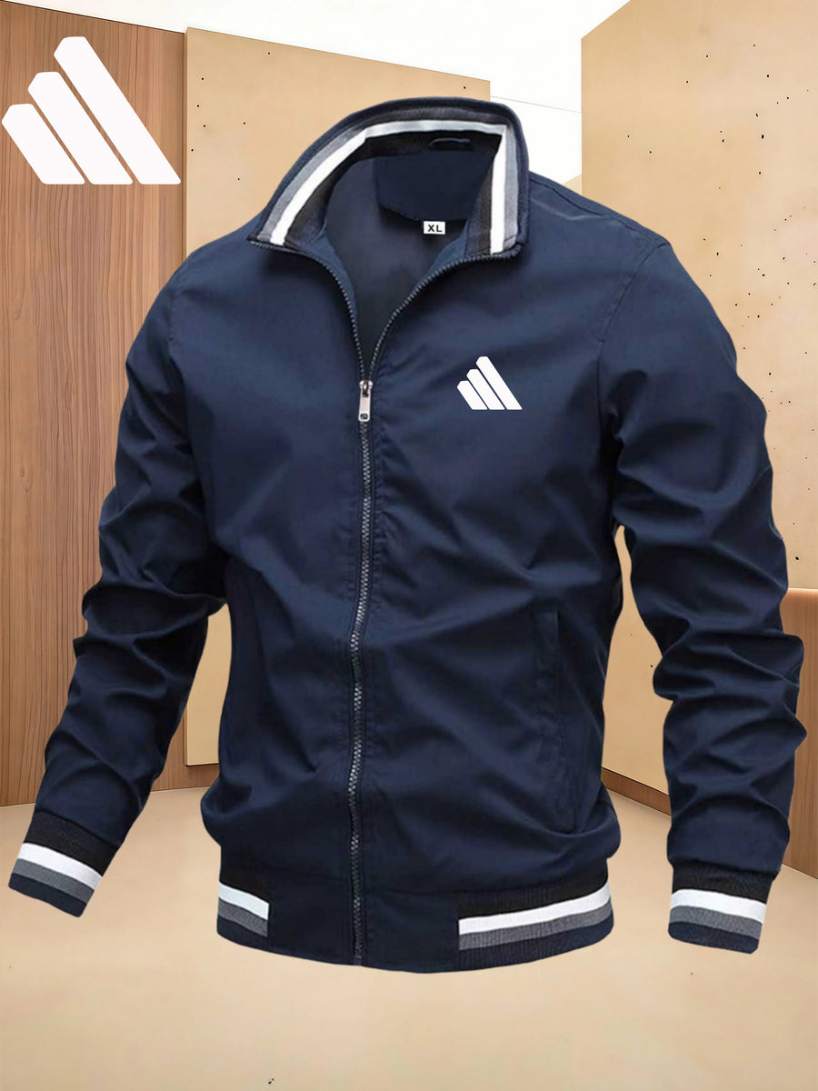 Men'S Sports Solid Color Stand-Up Collar Jacket, Color Striped Rib Hem, Lightweight And Windproof, Creative Three-Bar Totem Design Elements, Suitable for Jogging in Spring And Autumn, Daily Casual Versatile - Navy Color