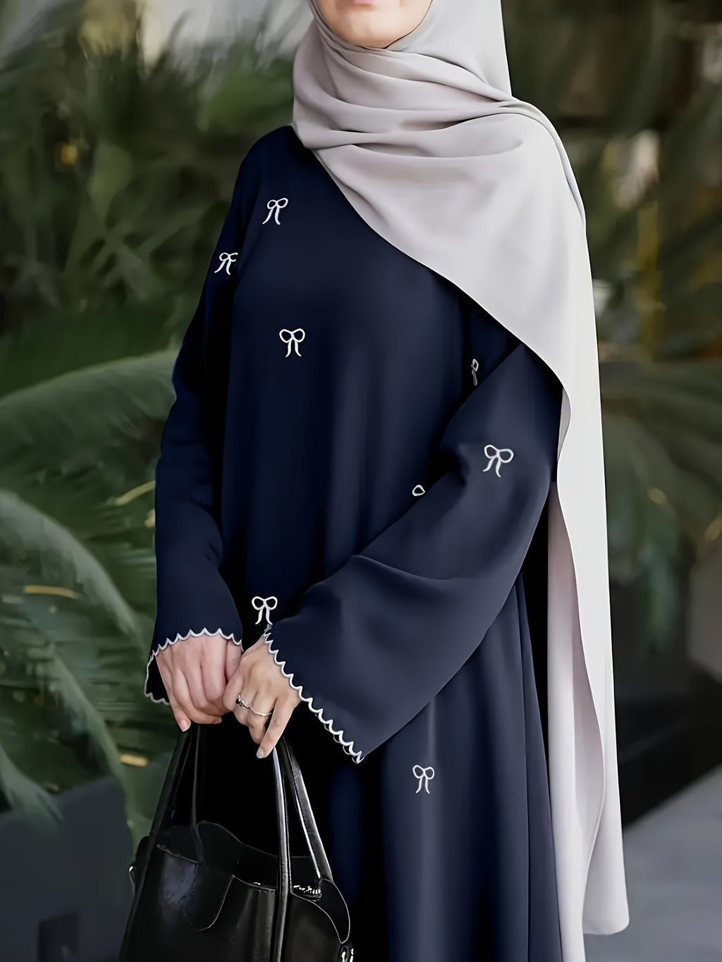 886-Middle East Dubai Bowknot Embroidery Dress - Navy Color