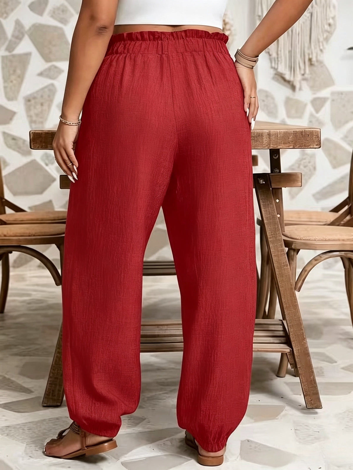 Plus Size - All Seasons Plus Size Beautiful Women'S Casual -Like Rubber High-Waist Scalloped Trim Tie-Pocket Women'S Long Pants, Casual Daily Versatile Vacation Holiday Style - Red