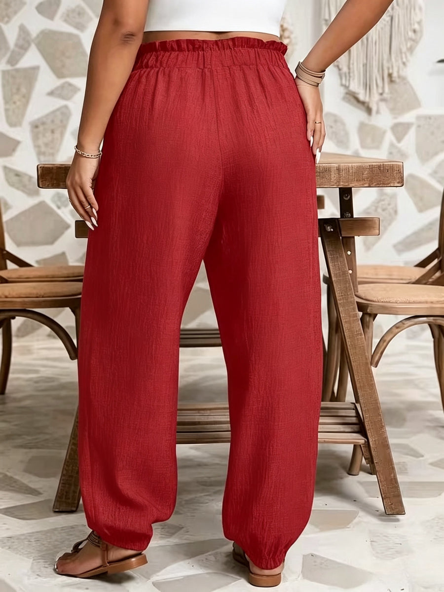 Plus Size - All Seasons Plus Size Beautiful Women'S Casual -Like Rubber High-Waist Scalloped Trim Tie-Pocket Women'S Long Pants, Casual Daily Versatile Vacation Holiday Style - Red