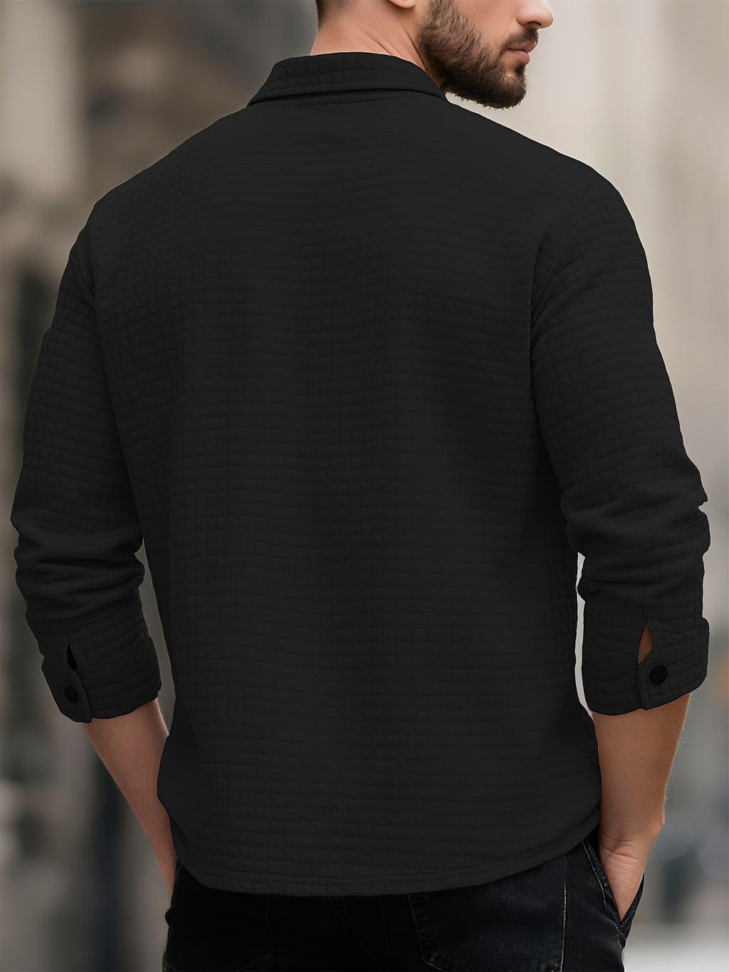 Men's Casual Solid-color Long-sleeve Shirt, Made of Comfortable Waffle-knit Fabric, Featuring a Double Chest Pocket Design, Front Button Placket, and a Loose-fit Lapel Open-front Cardigan Top, Suitable for Daily Wear and Commuting in Spring - Black