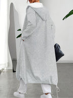 Japanese-Style Casual Gray Full-Zip Hoodie for Women, Featuring a Loose Fit, Dropped Shoulders, a Long Design, Drawstring Details, And Practical Pockets - Grey