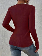 Front button solid ribbed sweater, elegant long-sleeve fitted cardigan, suitable for autumn and winter season, Women's clothing - Burgundy