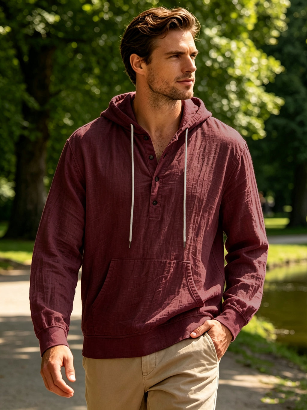 Spring And Autumn Men'S Casual Hooded Shirt, Long Sleeve Shirt, Solid Color Minimalist, Trendy And Versatile, Lightweight And Breathable, Suitable for Beach Vacation, Travel, And Daily Wear - Burgundy