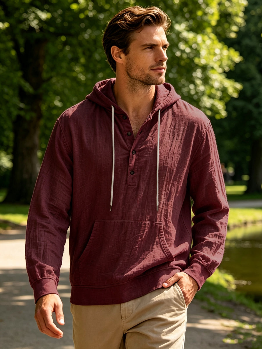 Spring And Autumn Men'S Casual Hooded Shirt, Long Sleeve Shirt, Solid Color Minimalist, Trendy And Versatile, Lightweight And Breathable, Suitable for Beach Vacation, Travel, And Daily Wear - Burgundy