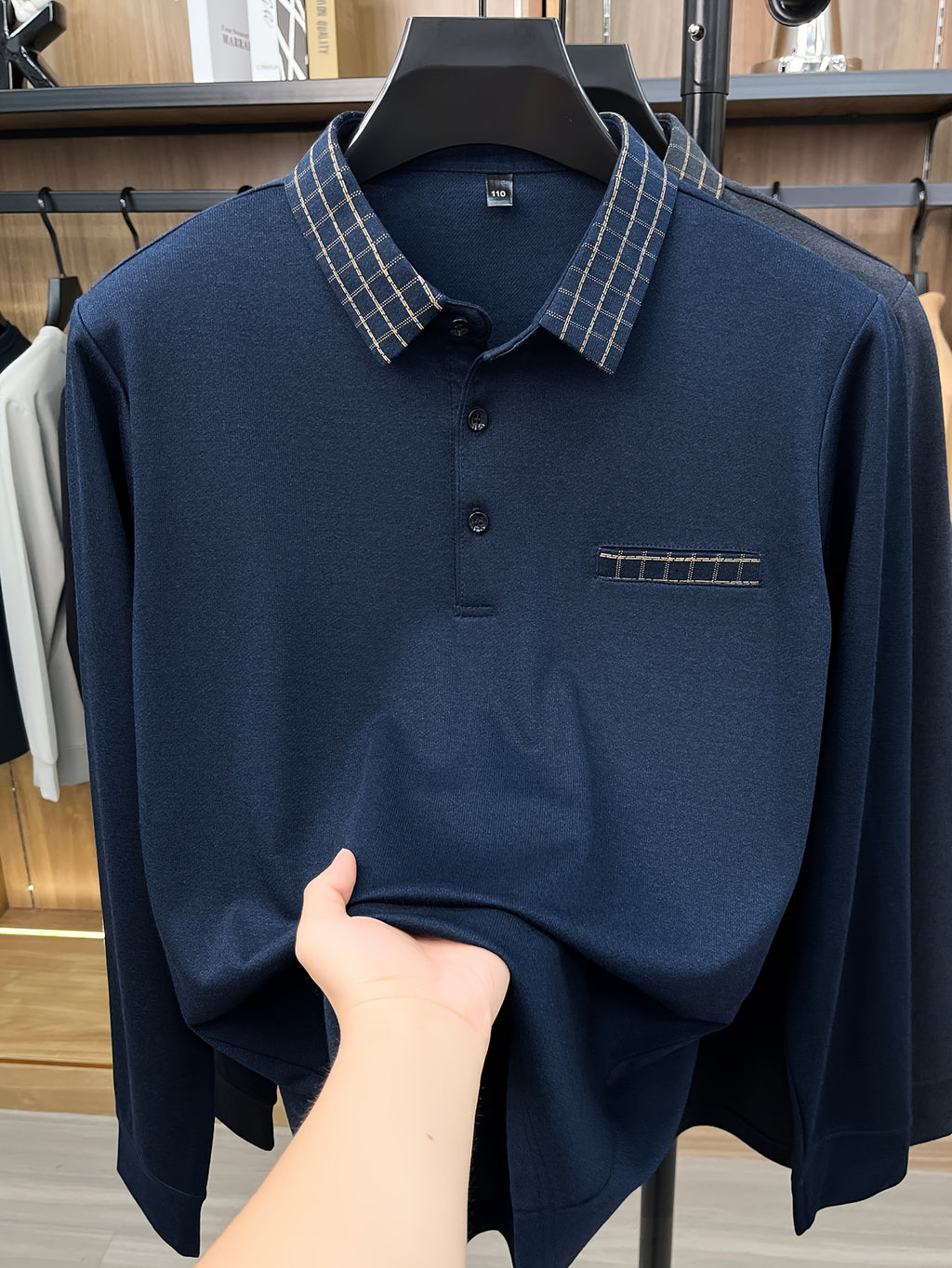 Men's Long-Sleeve Plaid Lapel Polo Shirt for Spring and Autumn, Dad Style Top - Shangqing