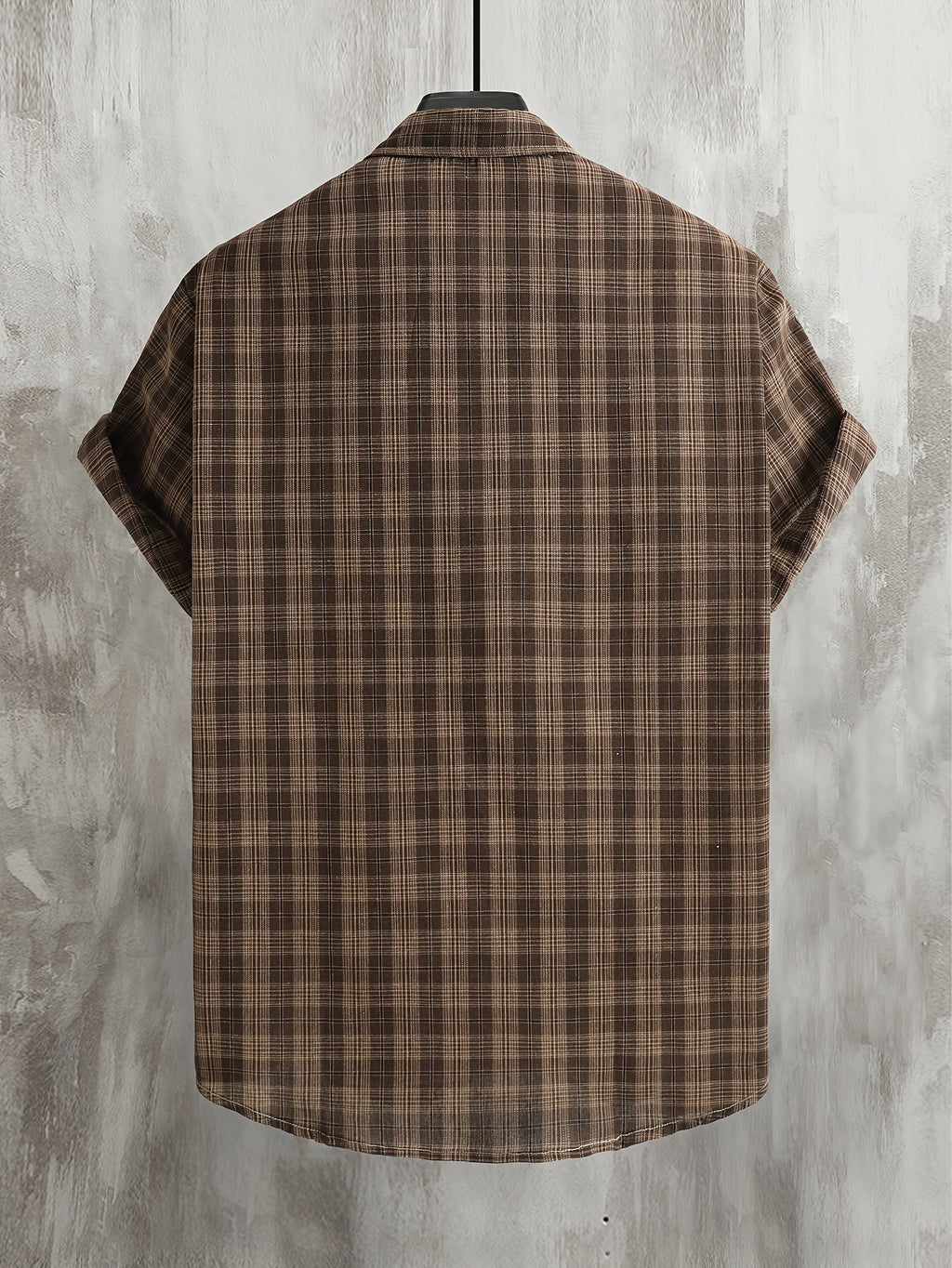 Men'S Casual Preppy Style Plaid Print Basic Color Short Sleeve Collared Shirt, Spring Summer Loose Fit Short Sleeve Checkered Pattern, Button-Front Closure, Classic Collar, Suitable for Casual And Semi-Formal Wear - Dark Brown