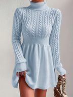 High-Neck Pink Mini Sweater Dress A-Line Dress Christmas Sweater Dress for Women - Powder blue