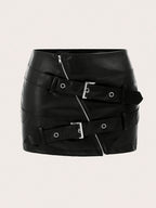 Sexy Hot Bodycon Skirt, PU Solid Color Unique Midi Skirt - Black