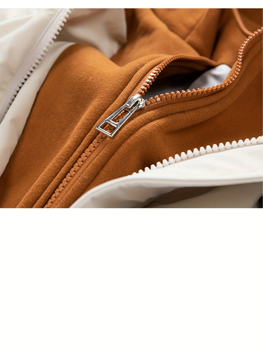 Men'S Autumn Winter New Faux Two-Piece Thickened Hooded Zip-Up Jacket Casual Fashion Outdoor Sports Trendy Coat - Khaki