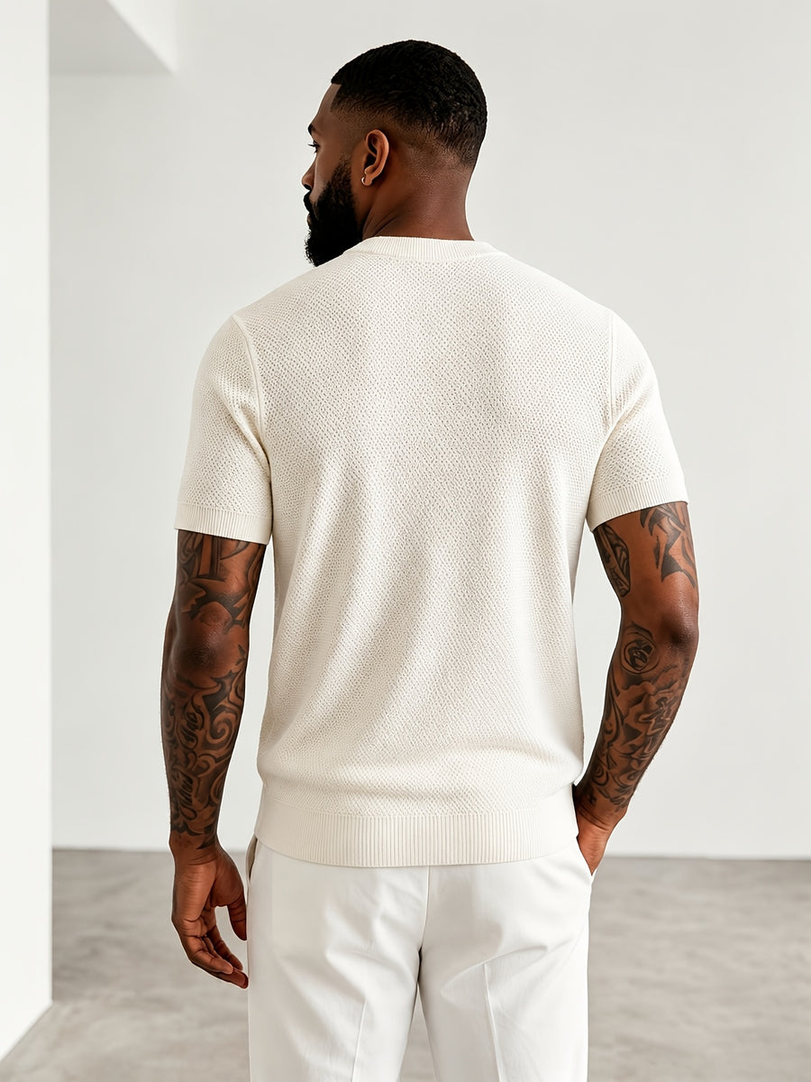 Men'S Easy Casual Short-Sleeve Knit Top, Made of Pure with Fine Mesh Texture, Skin-Friendly And Breathable, Relaxed Casual Style, Classic Versatile Design with Exquisite Details, Solid Color for a Warm And Easy Look - White
