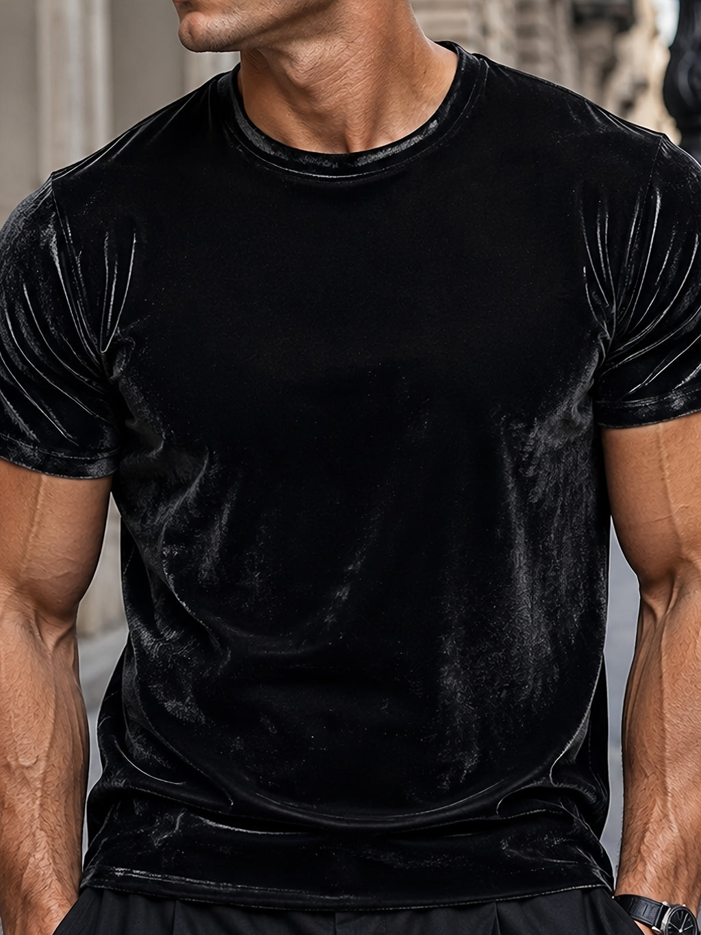 Men's Black Velvet Crew Neck Short Sleeve T-Shirt, Light Luxury Glossy Slim Fit High-End Casual Top - Black