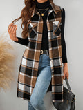 Plaid Pocket Sleeveless Casual Women's Vest Jacket - Light Brown-1