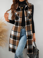 Plaid Pocket Sleeveless Casual Women's Vest Jacket - Light Brown-1