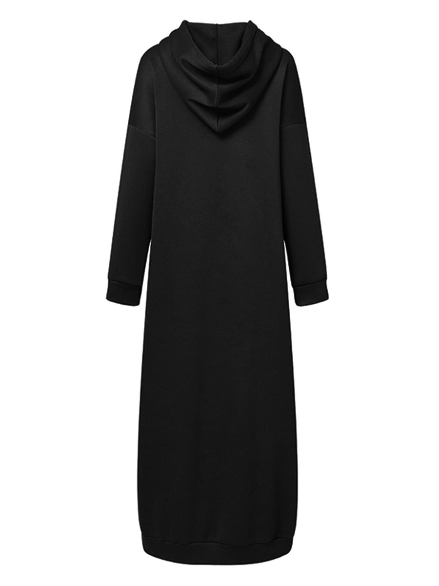 Women Baggy Middle East Solid Color Hooded Long Sleeve Drawstring Design Loose Thin Spring Fall Simple All-match Casual Abayas Sweatshirt Dress - Black