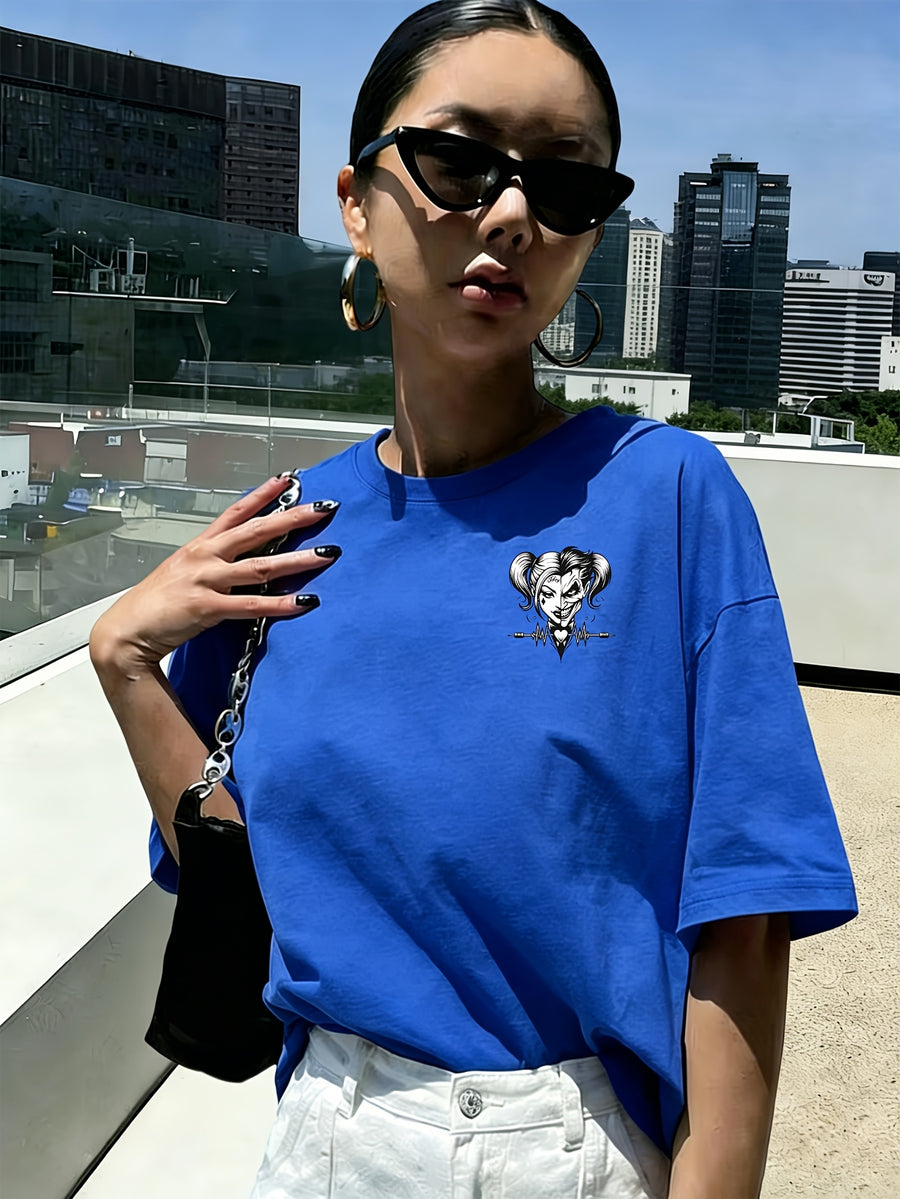 Women'S New Short-Sleeved T-Shirt, 100% T-Shirt Top, WB Brand Authorized "Joker" Joker Quinn Print Summer Breathable Top, Slim-Fit Women'S T-Shirt, Fashionable Women'S Clothing - Royal Blue