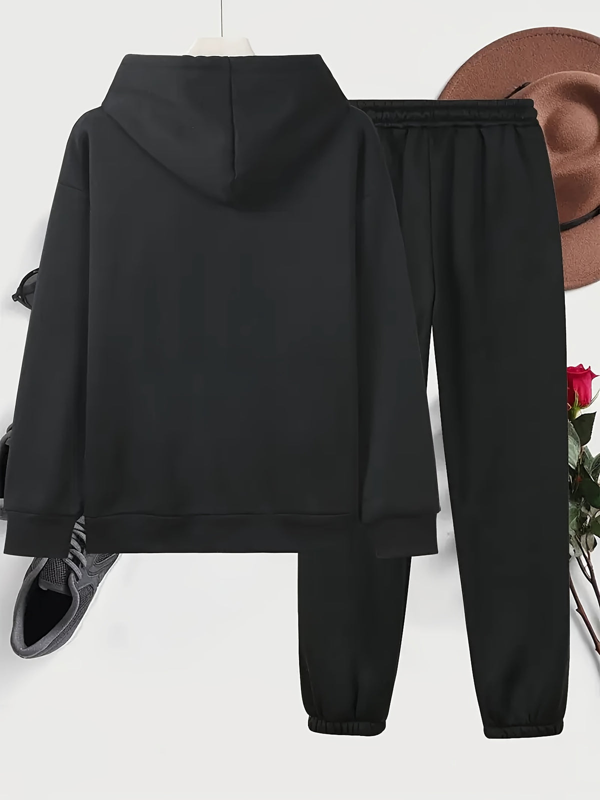 Hoodie Set with Black Triangle Pattern Letter Print Standard Round Neck - Black