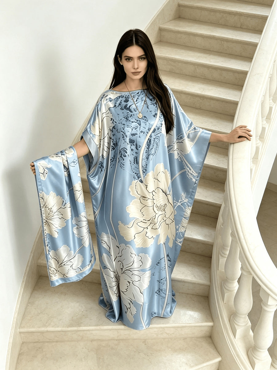 Plus Size - 2pcs Set of Light Blue Sky Blue Ink Powder Printed Long Robe And 1 Scarf Set for Women'S Plus Size Boat Neck Loose Bat Sleeves Kaftan Robe Vacation Beach Dress Bohemian Style Plus Size Banquet Dress Home Nightgown - Sky Blue