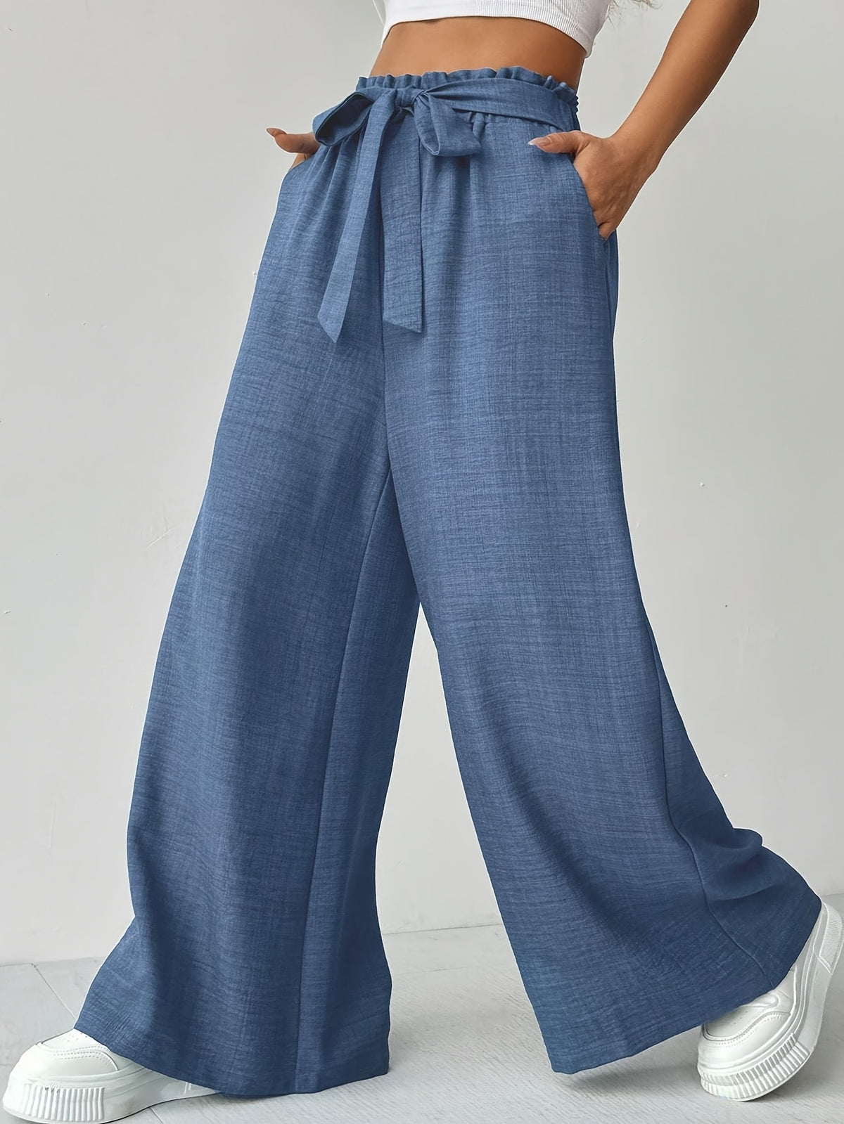 Women'S Solid Color High-Waist Belted Wide Leg Pants with Pockets, Casual Trousers - Royal Blue