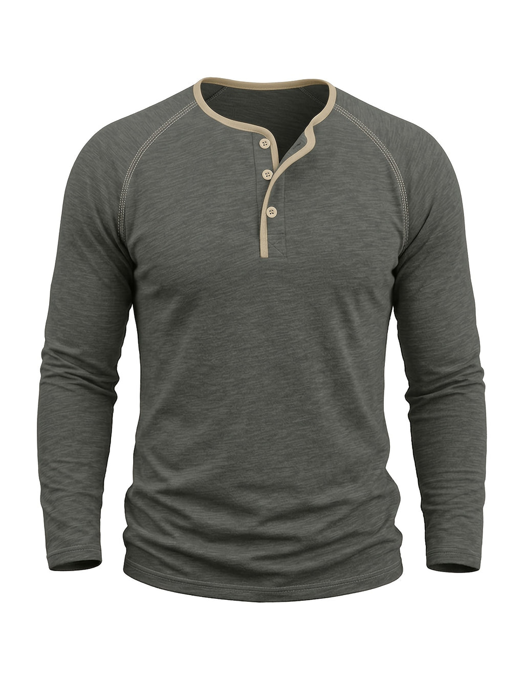 Autumn/Winter Cross-Border Men's Long Sleeve Crew Neck Henley Shirt, European and American Style Men's Pullover Base Layer T-Shirt - Dark Gray