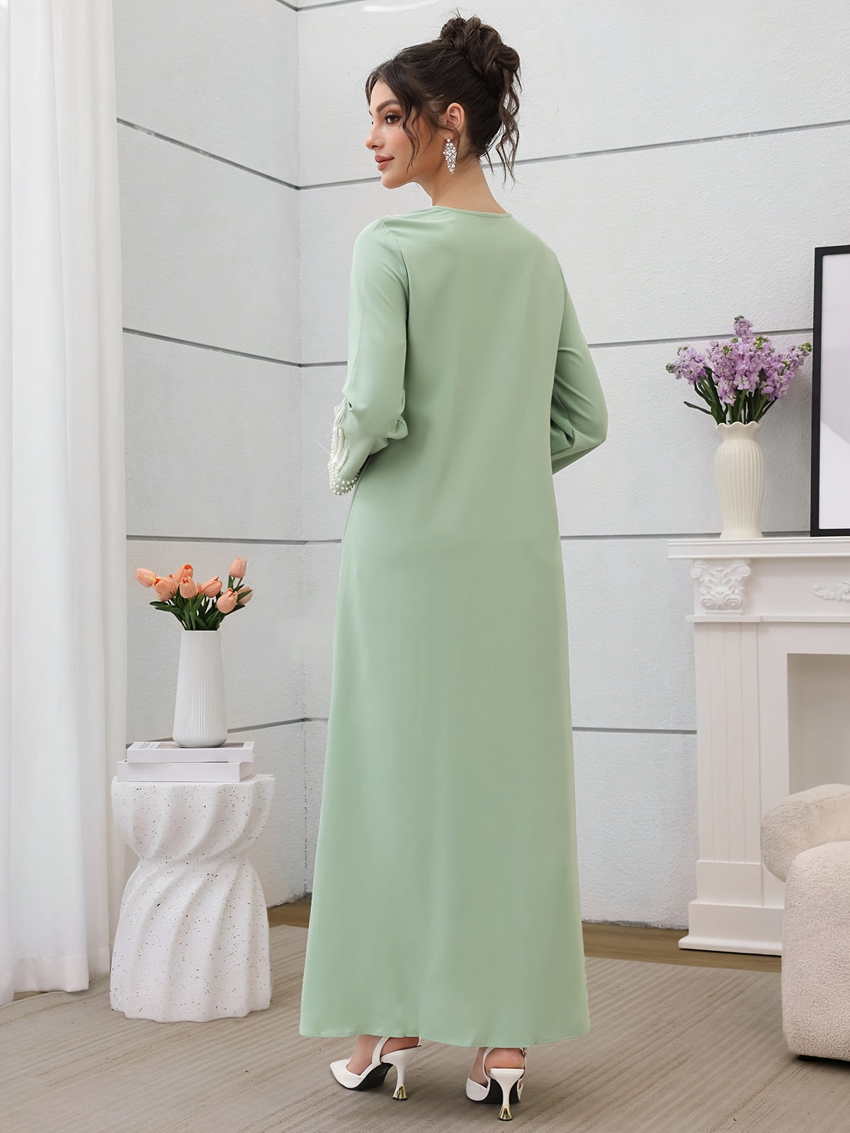 Najma Ladies' Loose Embroidered & Studded Long Robe for Festivals, Modest KaftanLadies' Loose Embroidered & Studded Long Robe for Festivals, Modest Kaftan - Green