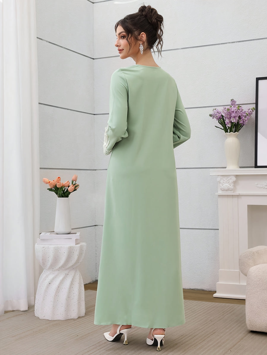 Najma Ladies' Loose Embroidered & Studded Long Robe for Festivals, Modest KaftanLadies' Loose Embroidered & Studded Long Robe for Festivals, Modest Kaftan - Green