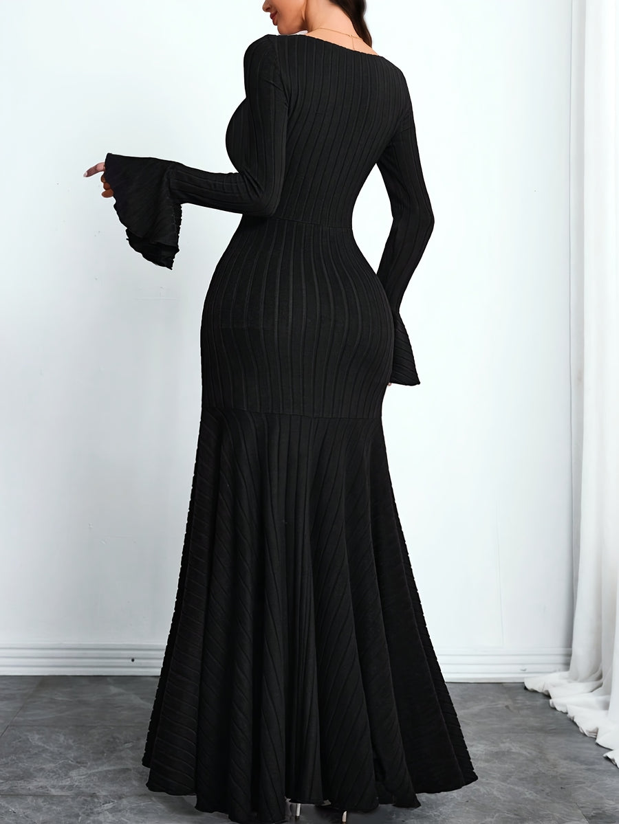 Fashionable Light Luxury Style Square Neck Flared Sleeve Slim-fit Ribbed Irregular Full-skirt Dress - Black